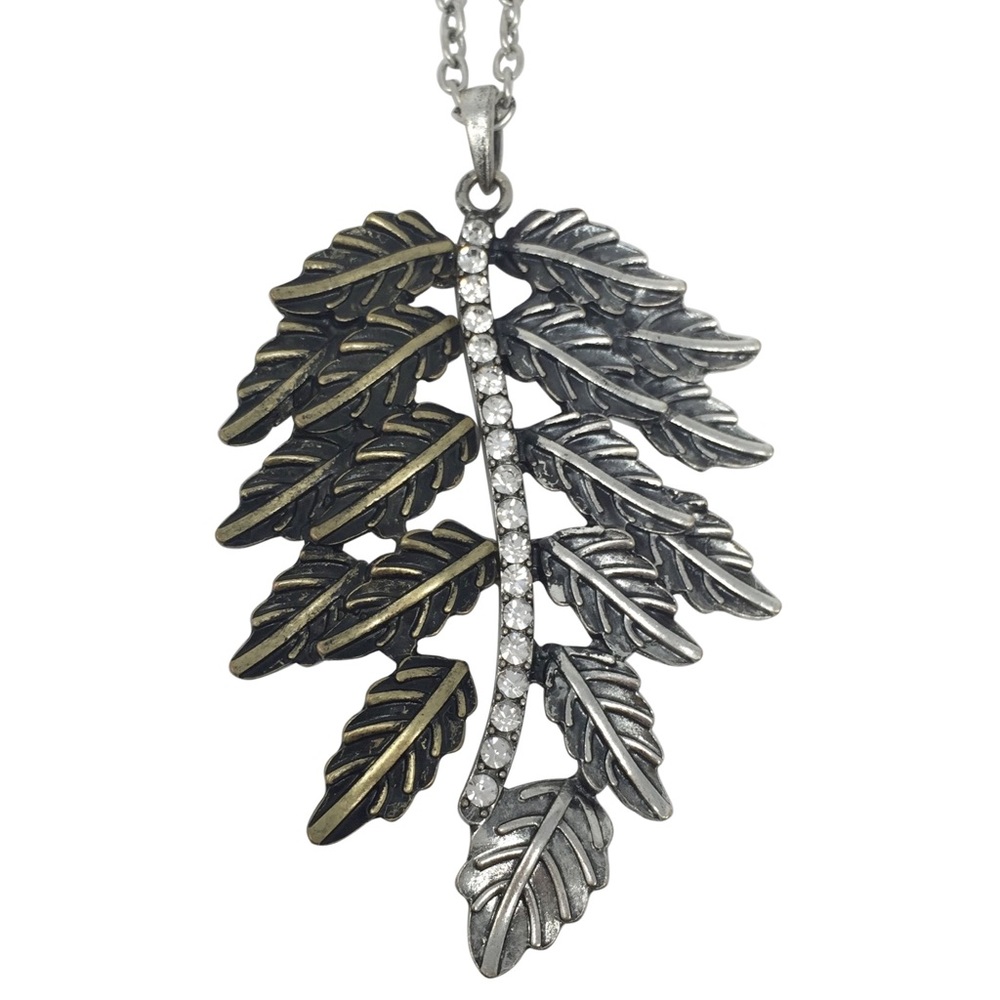 Long 2-Tone Large Rhinestone Leaf Chain Necklace